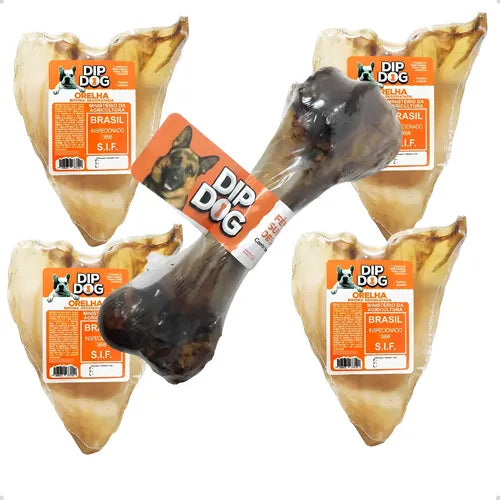 Kit Petisco Cão Orelha Bovina E Osso Fêmur Suíno Desidratado Cor Bege