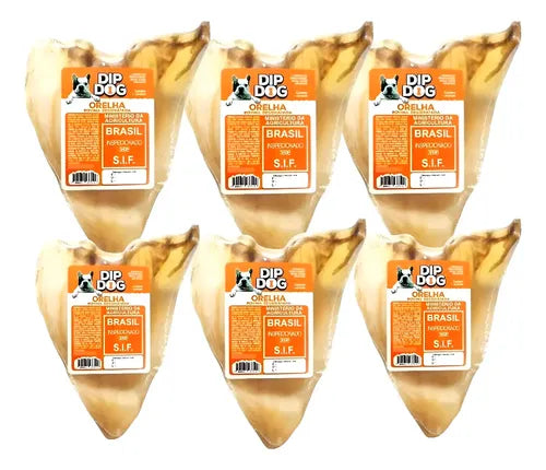 Kit 6 Orelha Bovina Petisco Natural Desidratada Cães Dip Dog Bege
