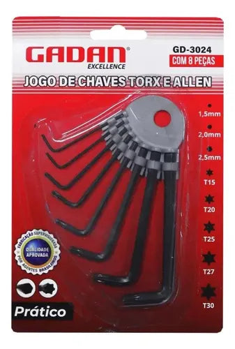 Jogo De Chave Torx E Allen - 8 Peças Em Aço - Gadan Cor Preto